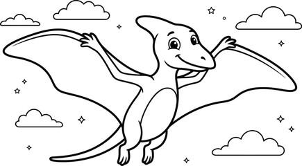 Cartoon pterodactyl flying among clouds and stars black and white line art illustration © Masum