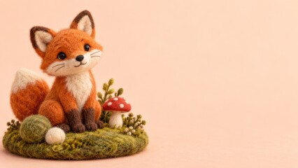 Fototapeta premium Needle Felted Fox with a Red Mushroom on a Mossy Wool Base with Copy Space