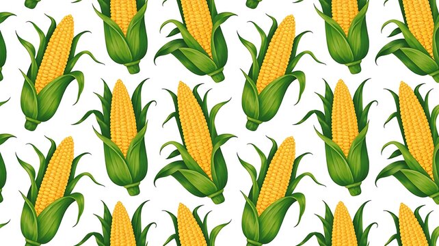 Seamless pattern design of sweet yellow corn cobs with green husks on white background for organic food packaging and textile print