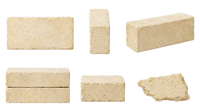 Six beige rectangular bricks and a broken fragment of limestone or sandstone displayed on a transparent background, showing rough porous texture, cut edges and stacked and individual arrangements
