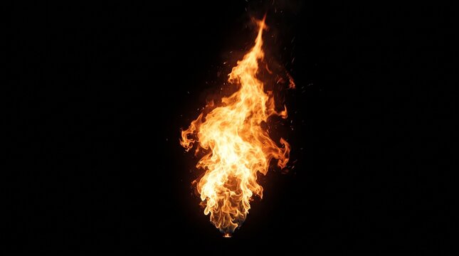 Realistic orange fire flame with glowing sparks isolated on black background, blazing torch fire overlay for design