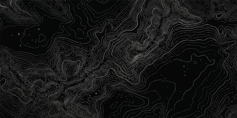 Complex silver topographical map lines on a dark black abstract background with topographic abstract background elevation cartography geographic topography © Manjur