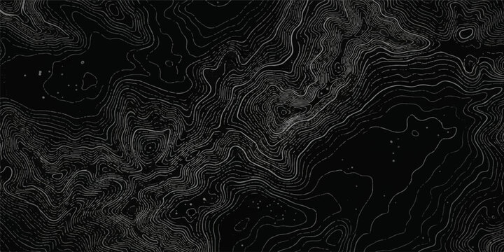 Complex silver topographical map lines on a dark black abstract background with topographic abstract background elevation cartography geographic topography