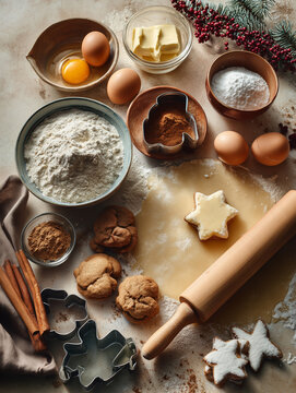 Festive baking setup with measured ingredients, spices, softened butter, eggs, rolling pin, cookie cutters and partially rolled dough arranged on a warm cream kitchen counter.