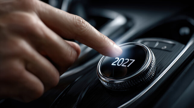 Human hand presses a modern start button on a car dashboard; illuminated digital display reads 2027, evoking future planning, innovation, and beginning new ventures