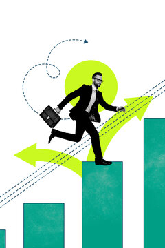 Composite trend artwork 3D sketch image photo collage of&nbsp;office manager workspace young man walk climb up stats graphics arrow direction