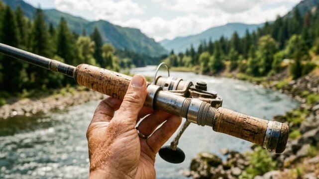 A person's hand holding a fishing rod handle with a worn yet well-maintained cork grip and reel, set against a stunning river flowing through majestic mountains, capturing outdoor sport.