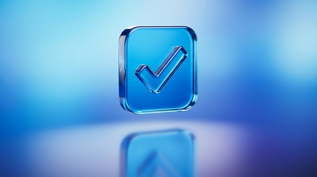 Glossy Blue Checkmark Icon With Rounded Square Border Floating Above A Smooth Reflective Gradient Surface