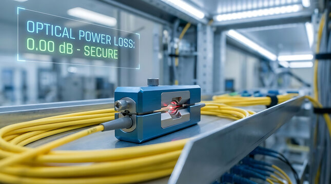 Fiber optic fusion splicer testing optical power loss in a telecommunications network rack   