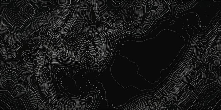 Abstract white topographic elevation contour lines on black backdrop with topographic map elevation terrain abstract design geological chart black background