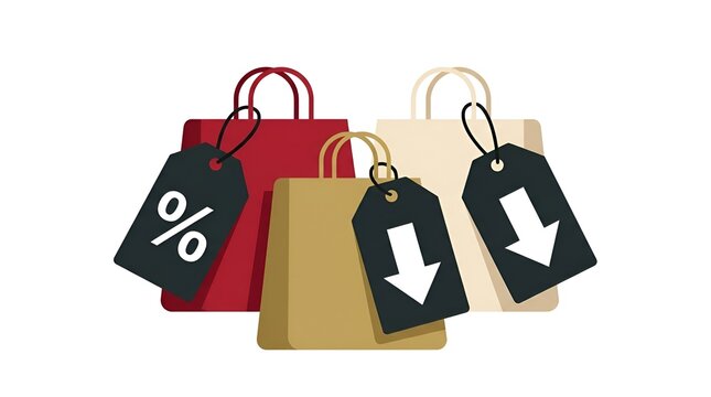 Colorful shopping bags with discount tags and down arrows for sale events price reduction sale event retail shopping sale promotion consumer deals bargain prices downward arrow