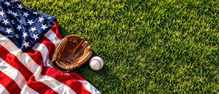 american flag with leather baseball glove and ball on green grass in summer sunlight for fourth of july and patriotic sports theme