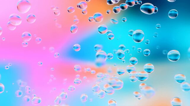 Transparent glossy bubbles drift across a soft pink, cyan, orange and deep blue gradient, shifting through layered depth as reflective spheres overlap and move through frame
