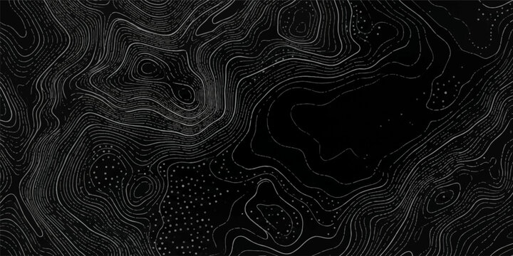 Complex abstract topographic map pattern of white contour lines with elevation terrain black background geological chart geospatial design mapping data