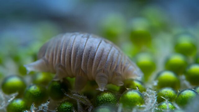 Tardigrade-like micro-animal crawls slowly across bright green mossy spheres, moving stubby legs beneath a segmented pale body in a close macro view with soft blue-green background blur