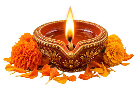 Ornate indian clay diya with glowing flame and marigold flowers for hindu festival celebration
