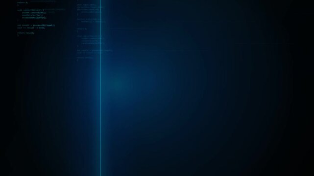Programming code scrolling down on dark blue digital screen motion video clip background