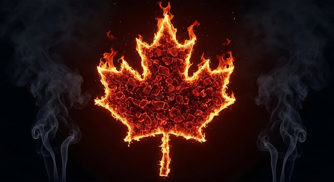A vibrant flaming maple leaf symbol burning with intense orange fire and glowing coal embers