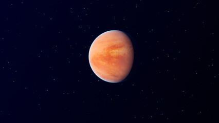 A fantastic planet with a warm orange surface floats in deep space. Its rounded shape and soft glow contrast sharply with the dark blue background, which is dotted with countless stars. Venus © Tetiana