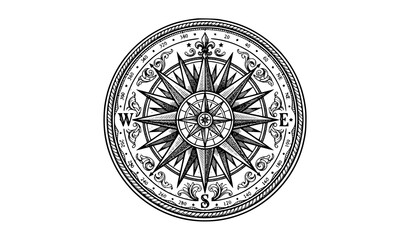 Vintage compass rose vector illustration in black and white engraved style with ornate star design, degree markings, cardinal directions and fleur-de-lis © Prosenjit