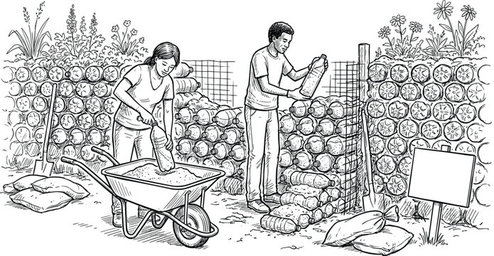 Building eco friendly garden wall using plastic bottles filled with sand sketch.