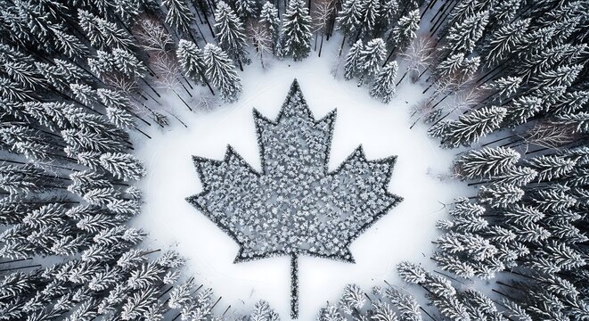 Aerial view of a snowy forest with a maple leaf shaped clearing