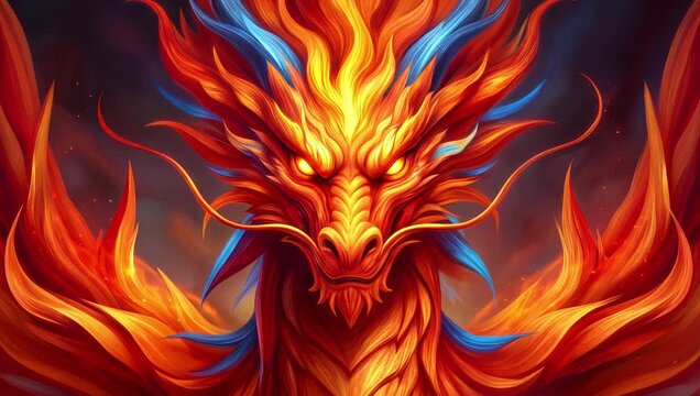 Majestic fire dragon with glowing eyes and flaming mane. Mythical creature portrait with vibrant orange and blue details. Close-up shot with slight vertical tilt.
