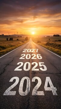 Numbers 2024 2025 2026 2027 painted on an asphalt road leading towards a bright sunset on the horizon representing the future goals and new year planning in a conceptual landscape
