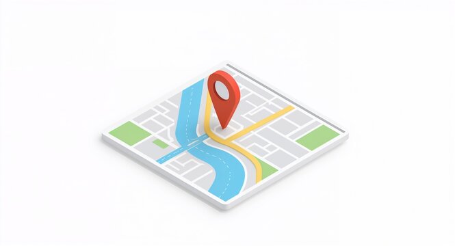 Create an isometric view of a map featuring a location pin symbol, representing navigation concepts on a white background with generous areas for copy space.