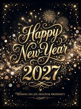 Happy new year 2027 greeting card with elegant golden calligraphy typography fireworks and sparkling festive lights on a dark black background for holiday celebration and design