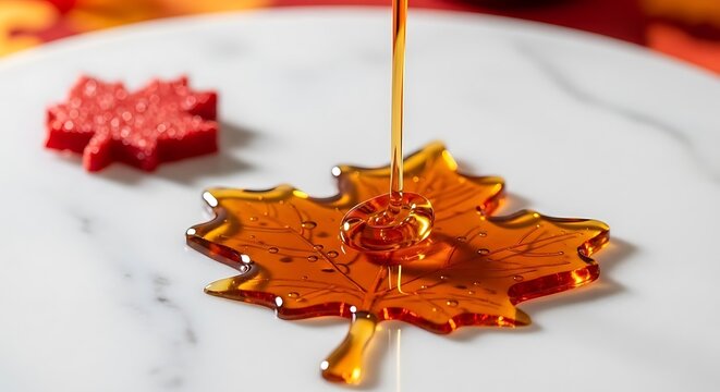 Fresh sweet maple syrup pouring onto a leaf shaped maple candy