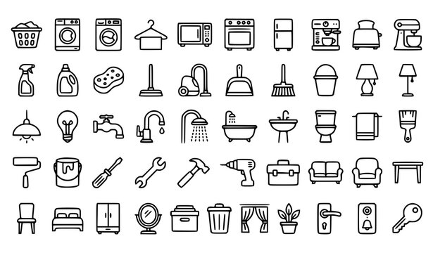50 Homeware Appliances Cleaning Plumbing Furniture and DIY Outline Icons