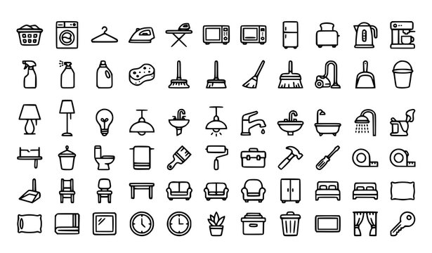 Household Appliances Cleaning Furniture and Home Utility Thin Line Icons