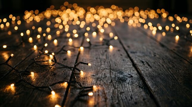 Glowing christmas string lights spread across a dark rustic wooden floor with soft golden bokeh lights