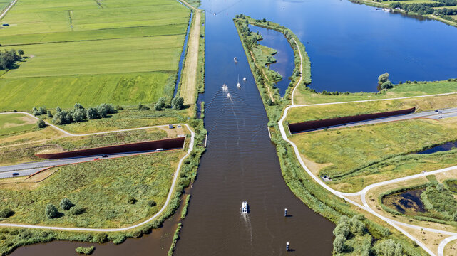 Aerial view of the Galamadammen Aqueduct near Koudum, the Netherlands