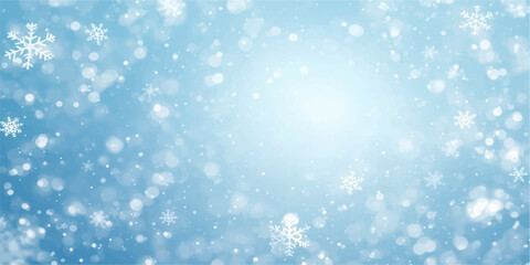 Fototapeta premium Abstract Blue Christmas Bokeh Background with Glowing Snowflakes, Frosty Winter Lights and Festive Holiday Pattern for Greeting Card, Wallpaper and Seasonal Celebration Design