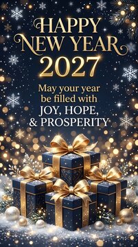 Happy new year 2027 greeting card design with elegant black gift boxes featuring gold ribbons and festive snowflakes falling on a dark background for a joyful holiday celebration