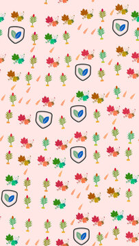 Seamless pattern of stylized plants, leaves, and shield icons