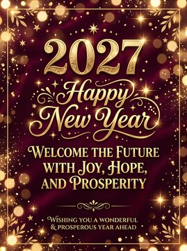 Happy new year 2027 greeting card design with elegant gold typography and glowing light bokeh particles on a dark purple background for festive holiday celebration poster