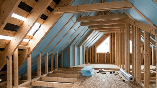Attic conversion under construction featuring wooden roof trusses, blue insulation panels, and carpentry tools on a subfloor.