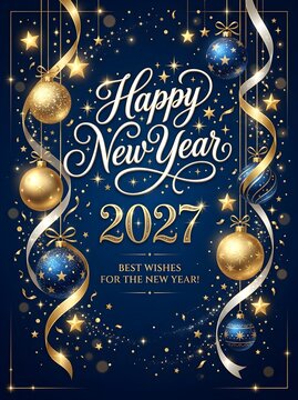 Happy new year 2027 greeting card design with golden and blue christmas baubles, shiny ribbons, stars, and elegant calligraphy typography on a dark blue festive background
