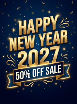 Happy new year 2027 golden text design with fifty percent off sale promotion banner on a dark blue background with sparkling stars and confetti for holiday marketing and retail events