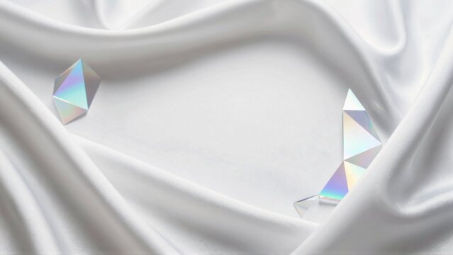 close white fabric smooth silky texture side two triangular shaped objects appear shiny iridescent material objects placed top fabric creating sense depth dimension background also white making