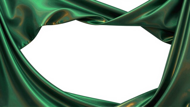 square frame green satin fabric fabric has smooth shiny texture subtle sheen catches light edges frame slightly curled creating sense movement depth background white making green color fabric stand