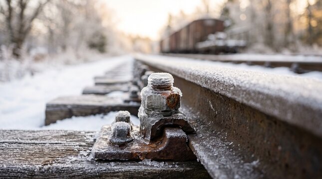 Frozen bolt on rail, Frost covered railway track in winter forest landscape  