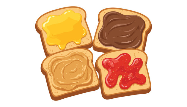 Sweet toast vector illustration set featuring white bread slices with peanut butter honey chocolate spread and strawberry jam