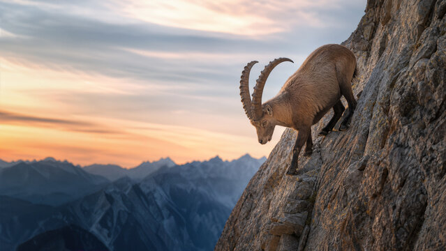 Bouquetin descendant une paroi rocheuse presque verticale