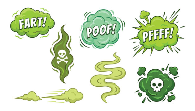 Bad smell cloud vector set featuring green fart poof smoke comic style sound effect bubbles and toxic gas icons