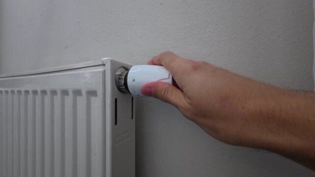 Male hand changes temperature setting on radiator thermostat in cold weather. White thermostatic valve is rotated to control residential heating system and ensure comfortable indoor climate.