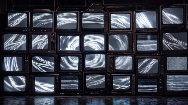 Stacked vintage television sets displaying abstract white light patterns and static noise. Lockdown wide shot.